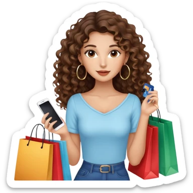 cute girl LONG LONG hair brunette balayage curly/wavy not voluminous hair, brown eyes, hoop earrings, natural pretty clean makeup: holding a credit card and lots of shopping bags sticker
