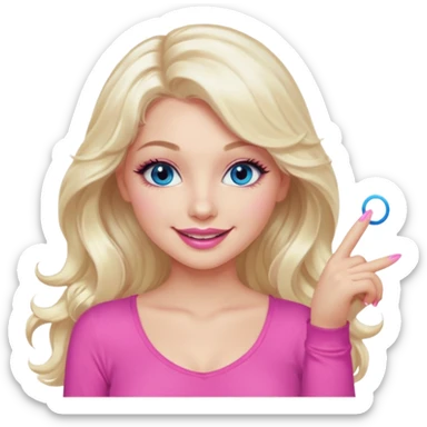 girl with long wavy platinum blonde hair,  blue eyes , long lashes, sexy pink lips, light to medium complexion, wearing a pink sexy top, smiling, finger tips touching sticker