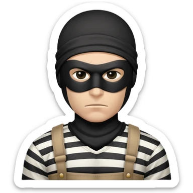 intimidating robber with strong expression, black mask around eyes, striped shirt, no weapons sticker