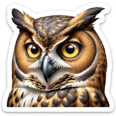 Cinematic Deep Thought Great Horned Owl Portrait Emoji, Head held high with a calm, reflective gaze, showcasing a beautifully mottled plumage and piercing golden eyes that seem to ponder the mysteries of the night, Simplified yet majestically refined features, highly detailed, glowing with a soft, contemplative light, high shine, poised and thoughtful, stylized with an air of profound introspection, capturing the essence of an owl deeply engaged in thought, so thoughtful it feels like it could silently share timeless secrets from beyond the screen! sticker