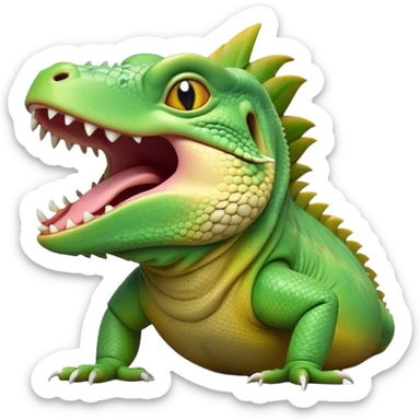 Cinematic Realistic Cute Yawning Iguana Portrait Emoji, Head tilted slightly with a dramatic, wide-open yawn, showcasing a soft, textured green-scaled face with gently drooping features and half-closed, drowsy amber eyes, rendered with natural detail and subtle shadows, high shine, relaxed yet expressive, styled with a dash of tropical charm, soft glowing outline, capturing the essence of a sleepy yet affectionate iguana that appears ready to stretch out and enjoy a peaceful nap! sticker