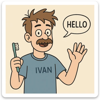 A boy brown mustache Toothbrush Bed Head hair blue ok t-shirt Ivan say hello sticker