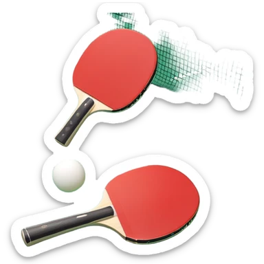 Two table tennis paddles and a ball placed on a ping pong table, with the net in the background. The scene conveys the simplicity and focus of the sport, with vibrant colors highlighting the rackets and ball on the smooth surface of the table. sticker