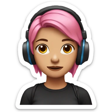 woman, pink hair, blue eyes, headphones, black shirt, frowning sticker