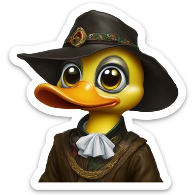 Warcraft Rubberduck in Gucci style, oil paint, mysterious eyes, intricate lips, masterpiece portrait , odd perspective, beautiful, desirable, logical sticker