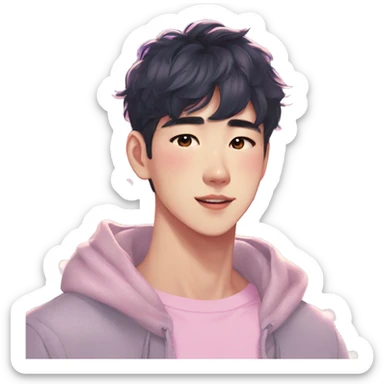 Gorgeous bright sparkly romantic Asian anime pastel guy with blushing face aesthetic trending style outside sticker