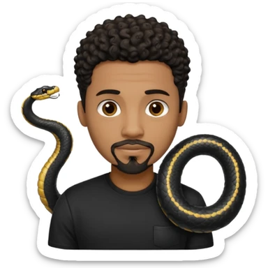 Homme noir de peau,  yeux marron avec un bouc sans la moustache, cheveux noir court et bouclé crépus avec un dégradé sur le côté, avec un cobra à côté , t-shirt noir  sticker