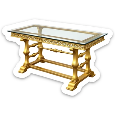 A glass topped rectangular trestle table with 2 side benches and 2 thrones at the ends sticker