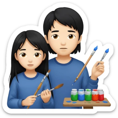 Asian boy with long hair and girl messy painters sticker