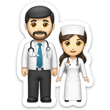 husband executive caucasian middle age trimmed beard business suit and open bible, with wife asian age 55 dark hair nurse uniform nurse cap sticker