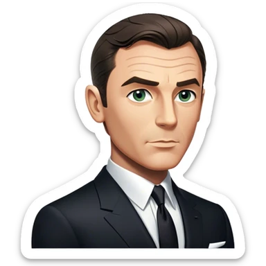 Cinematic Realistic James Bond Portrait Emoji, depicted as a suave, sophisticated secret agent in a tailored suit with a cool, composed gaze and an air of stealth and charm, rendered with crisp textures and dynamic cinematic lighting that captures his timeless espionage allure. sticker