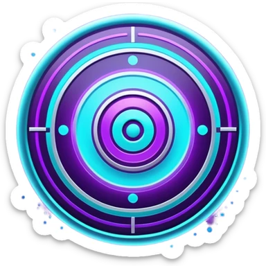 Futuristic glowing bullseye target emoji, neon purple and cyan holographic glow, dark background, digital tech style, abstract sparkles, no face. sticker