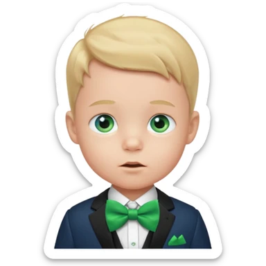 baby boy in suit, blue eye, with green bow sticker