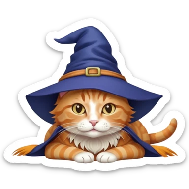 full body ginger tabby cat flopped over on her side wearing an indigo witch hat sticker