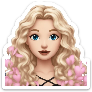 White girl 🧝🏻‍♀️, blue eyes, blond very long curly hair, pink lips, black arrows and brown eyeshadows, pink sexy dress. Background long. Magnolia levitate everywhere. sticker