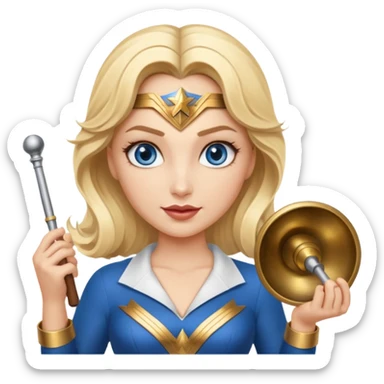 Blonde blue eyes Wonder Woman holding bell and short white orchestra conductor’s baton  sticker