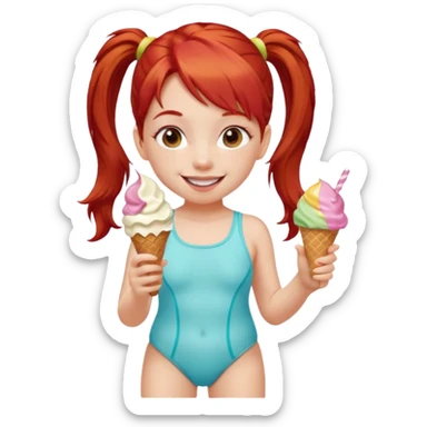girl kid red haired swimsuit, eating ice cream, ponytail sticker