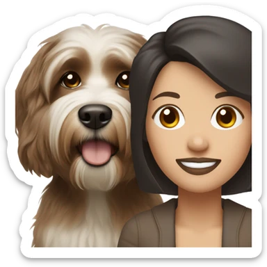 tan skinned middle aged woman with brown hair, with black and white havanese dog sticker