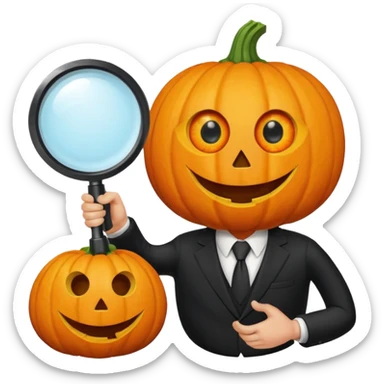 A pumpkin smiling at a magnifying glass (the magnifying glass has limbs and a suit thats black, the magnifying glass also has a eye, looks like a cyclops eye, one eye in the middle turn the magnifying glass into a living person) sticker