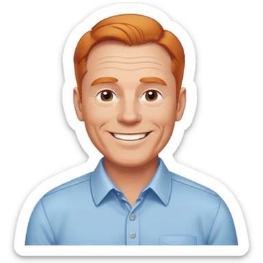 smiling older white man, fit physique, receding ginger hair, approachable and professional look, cheerful and friendly face, wearing a collared shirt sticker