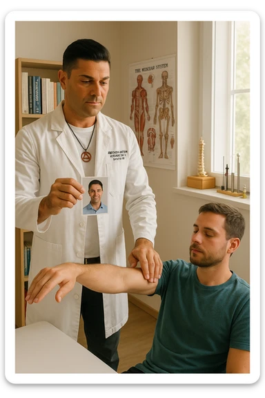 a middle-aged man, dressed in casual professional attire, is in a bright, organized therapy studio. Durante una visita di kinesiologia, il testimone tiene con una mano la foto di una persona lontana (il “testimone”) tiene la foto in mano, mentre con l’altra mano esegue un test muscolare su un cliente presente. Sullo sfondo si vedono libri di kinesiologia, poster anatomici e strumenti tipici della disciplina. L’atmosfera è concentrata e serena, con luce naturale che entra dalla finestra, sottolineando l’aspetto alternativo e umano della pratica. sticker