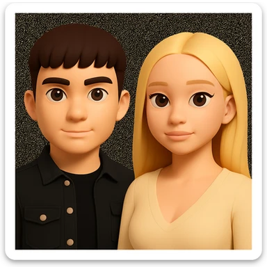 Slightly increase the volume of the upper body of the girl, significantly spread them apart from each other, make the skin color the same for both characters, while preserving the cartoonish 3D style as seen in the reference image. sticker