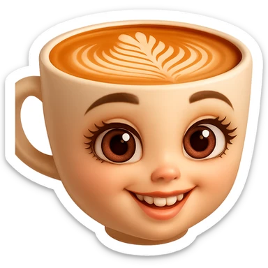 Edita la imagen para que el personaje de la taza de café  MANTENGA exactamente su estilo original,  y colores según la imagen de referencia. ELIMINA FONDO PARA QUE QUEDE TIPO EMOJI NO DBE TENER CUELLO. sticker