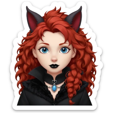  long curly red hair (darker), red pointed ears with black trim, black goth outfits, body and face human, blue eyes, more pointy chin, black lipstick, big fluffy red squirrel tail with black tips, like the attached photo with more outfits and poses,  sticker