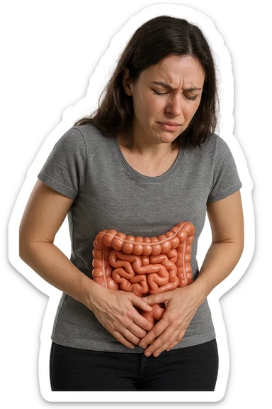 DONNA CON INTESTINO ANATOMICO REALISTICO IN EVIDENZA E MAL DI PANCIA, IPERREALISTICO 4K sticker