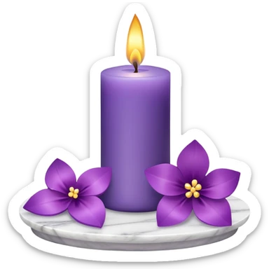 Purple candle on a white marble-candle-holder-stand, with flowers next to, and flower petals, and bow tie sticker