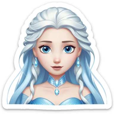 Cinematic Elegant Snow Queen Portrait Emoji, rendered in a realistic, vector-style with minimal shading and bold, simplified shapes. Depict Elsa (chest and above) with icy pale skin, long flowing platinum hair, and piercing blue eyes that exude quiet power, dressed in a shimmering ice-blue gown. The image glows with a soft, frosty radiance and high shine, capturing her ethereal, regal beauty. sticker