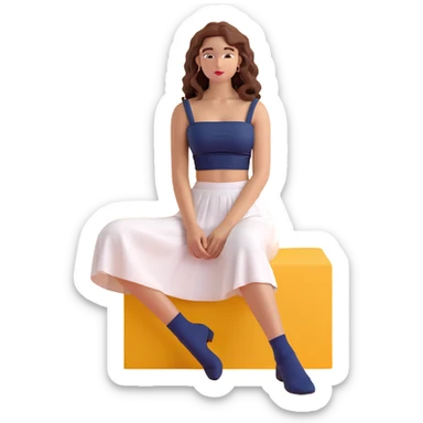 tan girl with wavy hair, white long skirt, navy blue ruched square neck crop top, sitting sticker