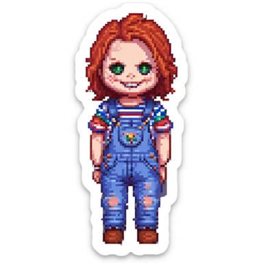 Chucky the doll pixel art style, red hair, striped shirt, overalls, creepy smile sticker