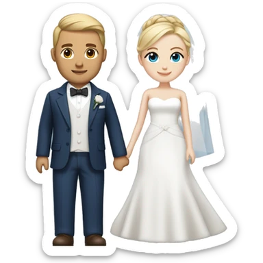 Wedding couple, groom white skin with brown hair and brown eyes, bride with white skin blonde hair up and blue eyes and veil and dark blue suit sticker