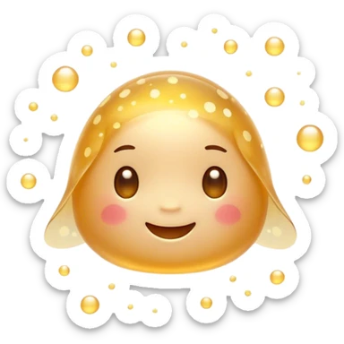 Cinematic tiny glowing firefly, round and chubby, soft golden light, tiny happy face, gentle floating motion, surrounded by dreamy sparkling dots. sticker