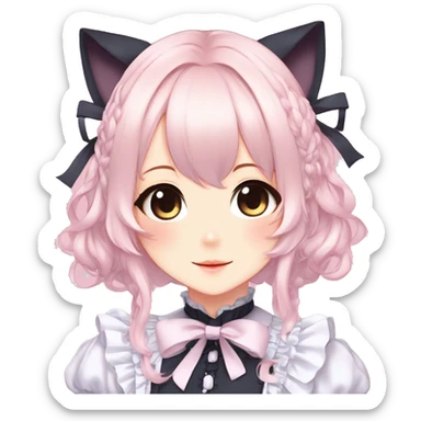 Gorgeous anime style catgirl with blushing face with maid outfit laces gothic Lolita idol model kawaiicore pastelcore cottagecore pearly petite simplistic aesthetic trending style sticker