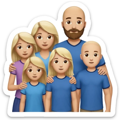 A family of five; Caucasian mom with blond hair, Caucasian dad with a bald head and brown beard, one Samoan boy who is 17 years old with long and wavy brown hair, and two Caucasian children, a 9 year old boy and a 13 year old girl with brown hair. sticker
