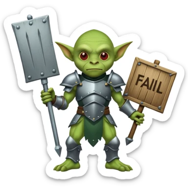 A glgreen colored goblin clad in armor holding a wooden sign that reads "Fail". sticker