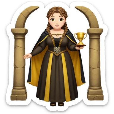 Helga Hufflepuff,brown-haired,2 braids,yellow-black medieval open dress,deep neckline,fat macromastia,black cloak decorated with gold braiding,gold cup with two handles,very kind smile,curvy busty sweet woman,round rosy cheeks,full length with medieval shoes sticker
