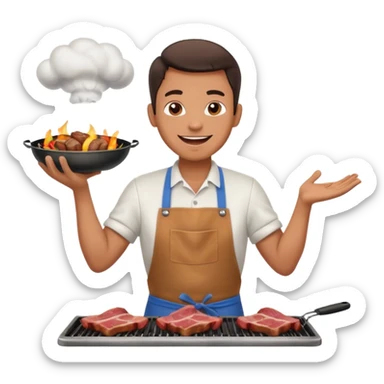 A cheerful man in an apron flipping meat on a sizzling grill with smoke puffing upward. sticker