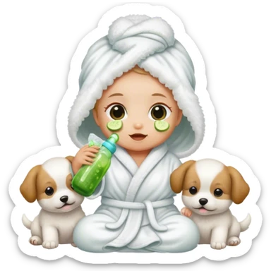 Baby drinking a bottle with cucumbers over her eyes wearing a white fluffy robe and next to puppies  sticker