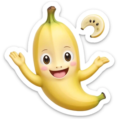 Cute Kawaii Banana, slightly curved, soft pastel yellow, cute giggling face with big round eyes, tiny arms waving happily, a peeled section revealing a smiling expression! sticker