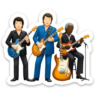 Icon for Blues Music: collage of legendary blues artists. Gary Moore, Eric Clapton, B.B. King and Joe Cocker. Represented by silhouettes or symbolic items like guitars, microphones, or music notes, reflecting the soulful energy of blues music. Transparent background. sticker