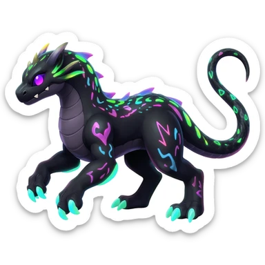 Rare realistic black-scaled neon-glowing bioluminescent edgy badass epic pretty beautiful handsome gorgeous aesthetic colorful vibrant Vernid-Trico-Amaura-species-Fakemon-creature by LiLaiRa, 4 legs, 1 tail, random markings, (full body) sticker