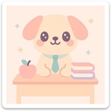 dog as a teacher, sitting at a desk with books and an apple, wearing a tie, friendly and approachable, cute illustration style sticker