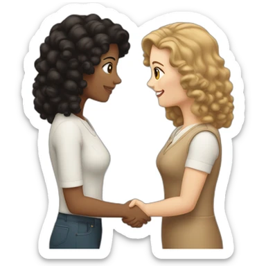 tan mid-sized woman with black curly hair shakes hands with a mid-sized pale woman who has straight light brown hair sticker