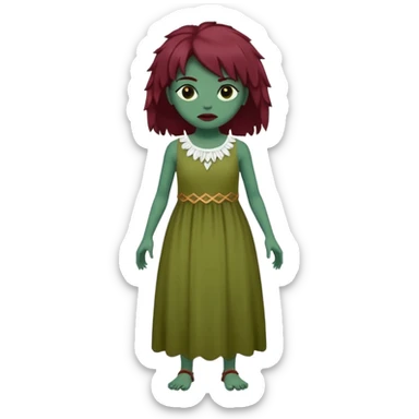 Faça uma garota com pele verde e que seja zombie, que tenha cabelo grande da cor vermelho marsala e que tenha uma franja e que seja liso mais enrolado nas pontas, e que esteja vestindo um sobre tudo(vestido sem alça) da cor branca  sticker