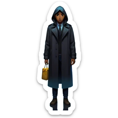 Thriller Movie: A tense, gripping design with dramatic lighting. Include a mysterious figure in a dark coat standing in a rain-soaked alley, with glowing neon signs in the background. Shadows loom and ominous shapes emerge from the mist. Suspenseful and cinematic atmosphere. Transparent background. sticker