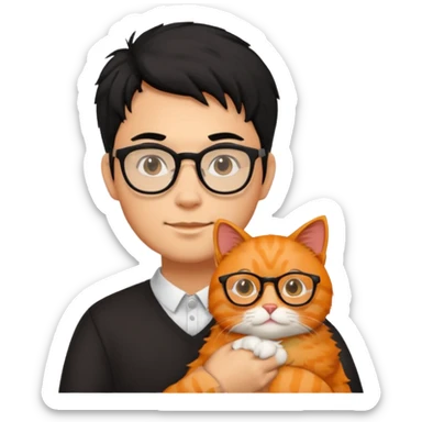 Veterinario hombre trigueño con lentes, con cabello negro y  un gato naranja sticker