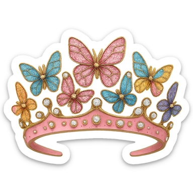 butterfly crown with a pink base, colorful butterflies in pink enamel, sparkling gems, transparent background sticker